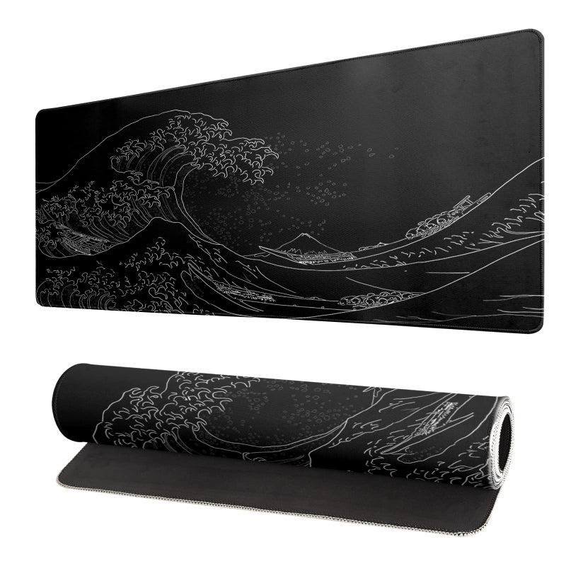 Japanese Sea Wave Large Mouse Pad  Anime Black gaming Mouse Pad Extended Kanagawa Mouse Mat Desk Pad  3mm Thick Long Non-Slip Rubber Base Mice Pad  315 X 118 Inch